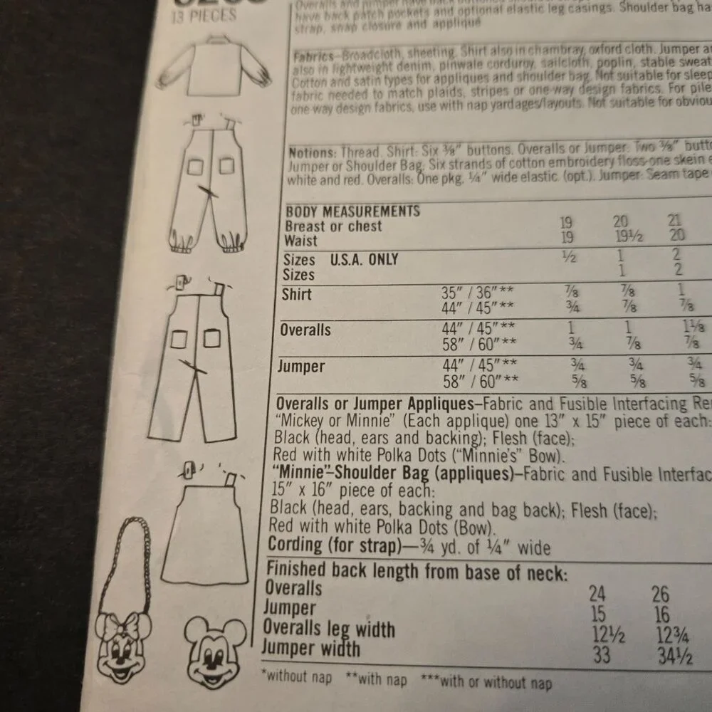 Simplicity 8263 Toddler shirt overalls jumper Mickey Minnie Mouse CUT Size 3